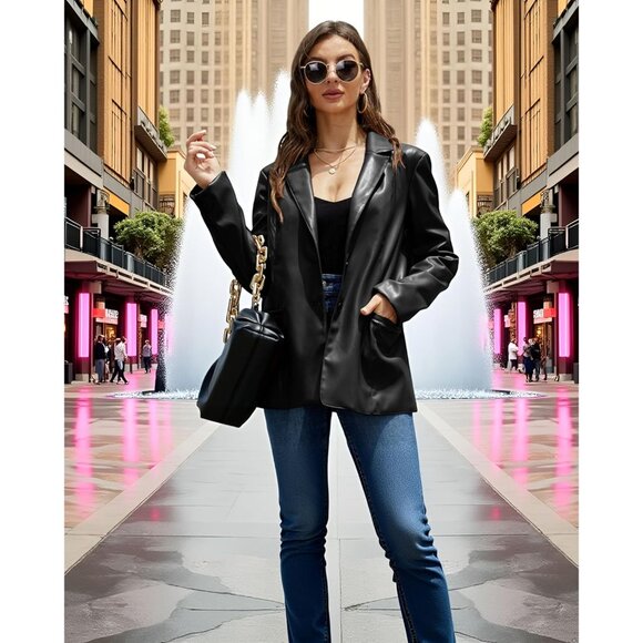 Women Black-Pu Leather Blazer Jacket Vegan leather Lapel Button Down Casual Coat - Picture 5 of 5